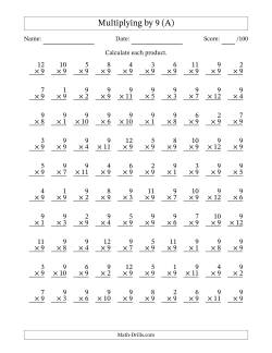 Multiplying (1 to 12) by 9 (100 Questions)