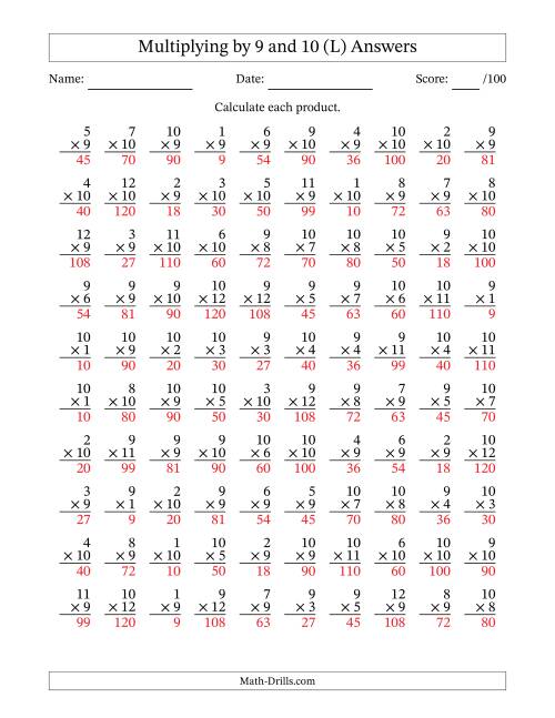 The Multiplying (1 to 12) by 9 and 10 (100 Questions) (L) Math Worksheet Page 2