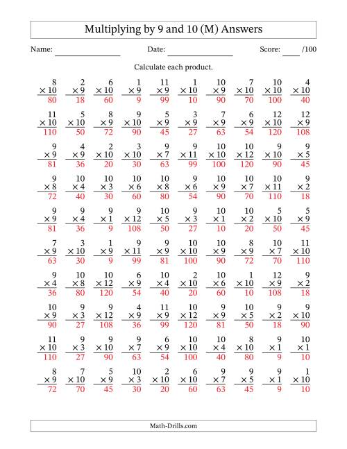 The Multiplying (1 to 12) by 9 and 10 (100 Questions) (M) Math Worksheet Page 2