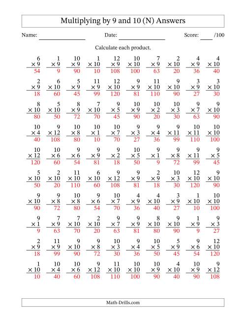 The Multiplying (1 to 12) by 9 and 10 (100 Questions) (N) Math Worksheet Page 2