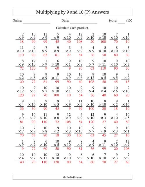 The Multiplying (1 to 12) by 9 and 10 (100 Questions) (P) Math Worksheet Page 2