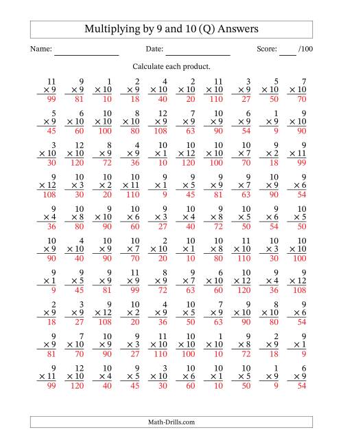 The Multiplying (1 to 12) by 9 and 10 (100 Questions) (Q) Math Worksheet Page 2