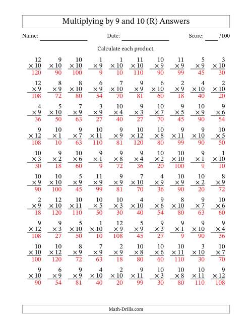 The Multiplying (1 to 12) by 9 and 10 (100 Questions) (R) Math Worksheet Page 2