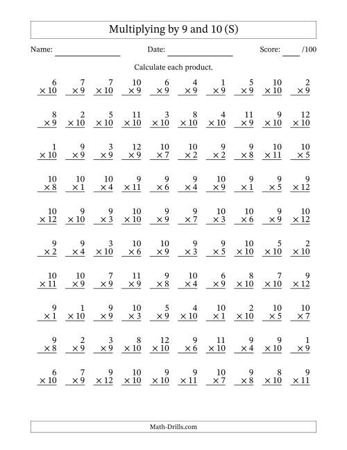 The Multiplying (1 to 12) by 9 and 10 (100 Questions) (S) Math Worksheet