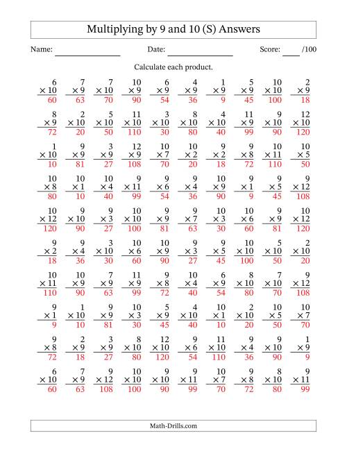The Multiplying (1 to 12) by 9 and 10 (100 Questions) (S) Math Worksheet Page 2