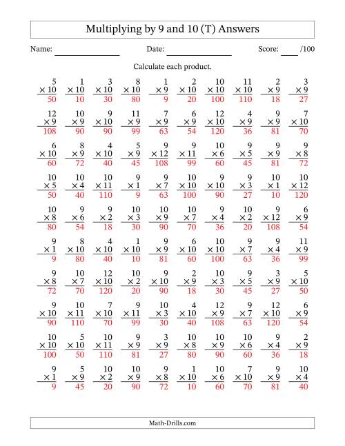 The Multiplying (1 to 12) by 9 and 10 (100 Questions) (T) Math Worksheet Page 2