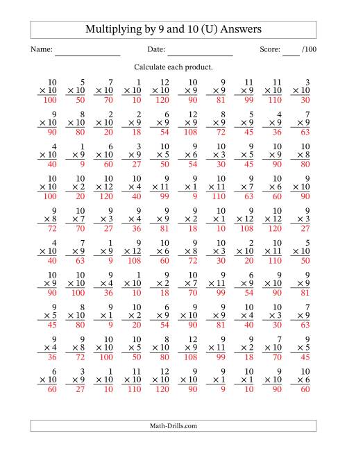The Multiplying (1 to 12) by 9 and 10 (100 Questions) (U) Math Worksheet Page 2
