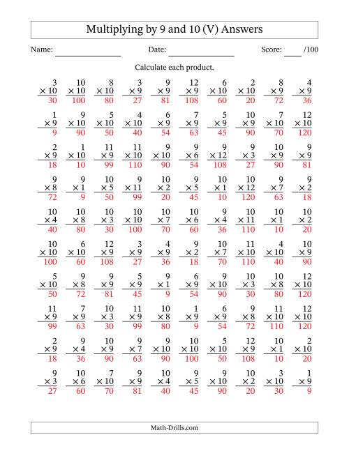 The Multiplying (1 to 12) by 9 and 10 (100 Questions) (V) Math Worksheet Page 2