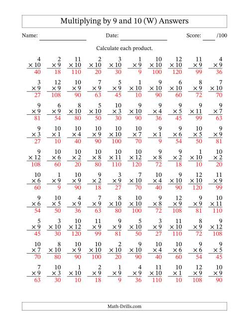 The Multiplying (1 to 12) by 9 and 10 (100 Questions) (W) Math Worksheet Page 2