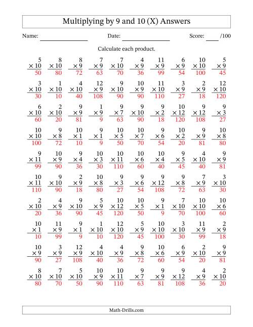 The Multiplying (1 to 12) by 9 and 10 (100 Questions) (X) Math Worksheet Page 2