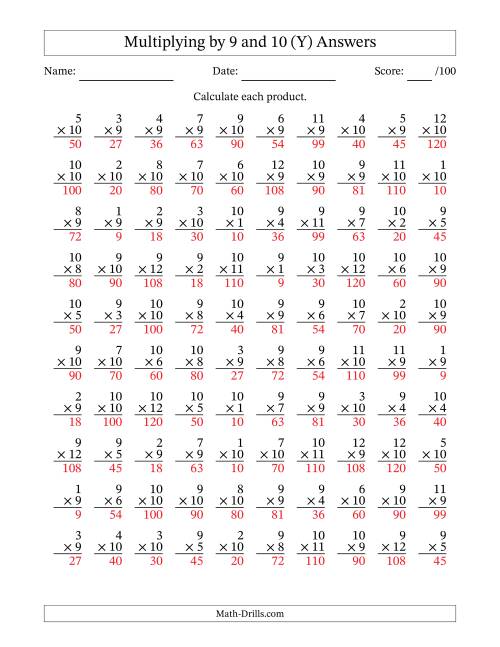 The Multiplying (1 to 12) by 9 and 10 (100 Questions) (Y) Math Worksheet Page 2