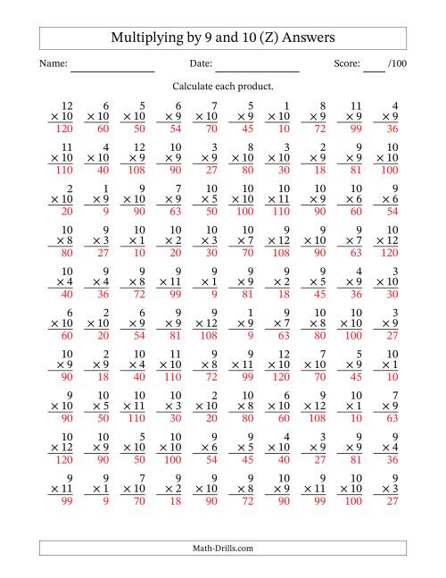 The Multiplying (1 to 12) by 9 and 10 (100 Questions) (Z) Math Worksheet Page 2