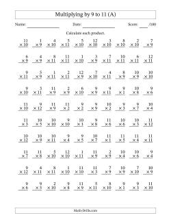 Multiplying (1 to 12) by 9 to 11 (100 Questions)