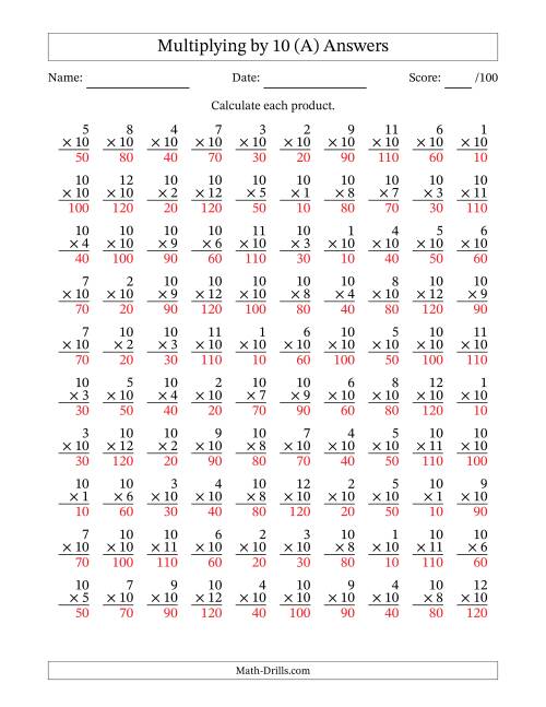 The Multiplying (1 to 12) by 10 (100 Questions) (A) Math Worksheet Page 2