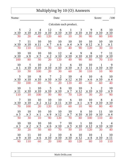 The Multiplying (1 to 12) by 10 (100 Questions) (O) Math Worksheet Page 2