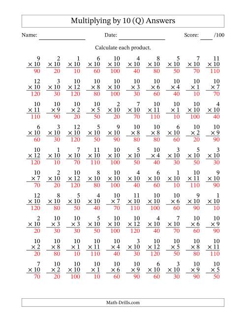 The Multiplying (1 to 12) by 10 (100 Questions) (Q) Math Worksheet Page 2