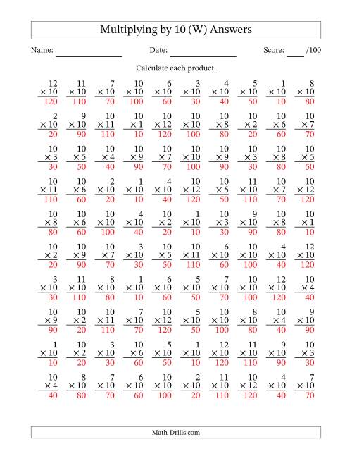The Multiplying (1 to 12) by 10 (100 Questions) (W) Math Worksheet Page 2