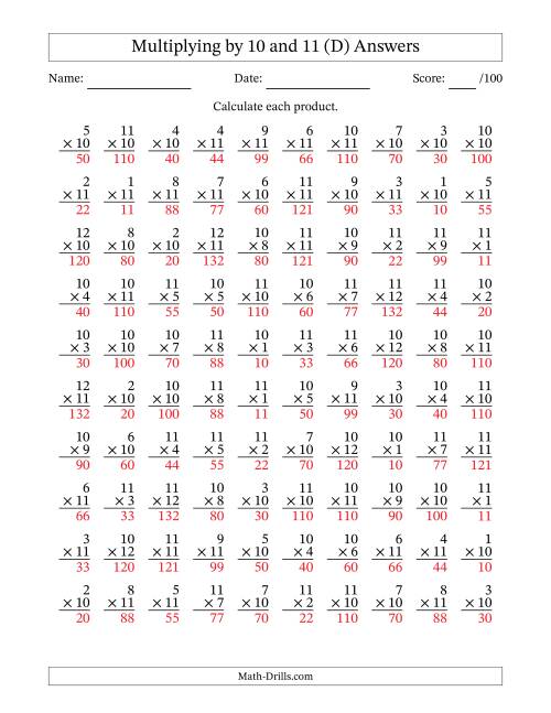 The Multiplying (1 to 12) by 10 and 11 (100 Questions) (D) Math Worksheet Page 2