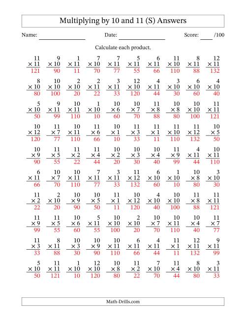 The Multiplying (1 to 12) by 10 and 11 (100 Questions) (S) Math Worksheet Page 2