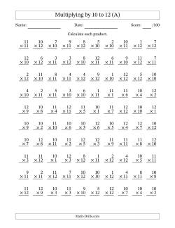 Multiplying (1 to 12) by 10 to 12 (100 Questions)