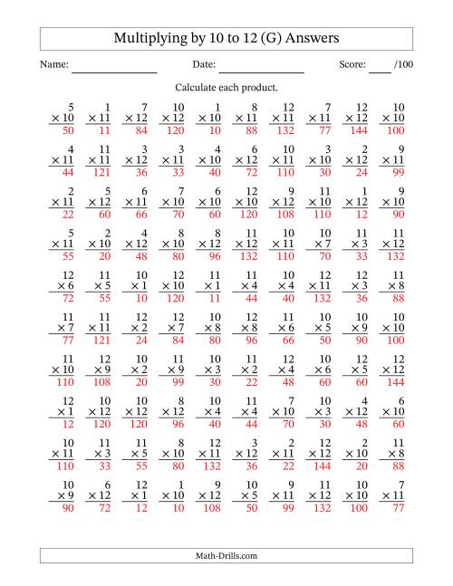 The Multiplying (1 to 12) by 10 to 12 (100 Questions) (G) Math Worksheet Page 2