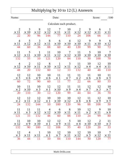 The Multiplying (1 to 12) by 10 to 12 (100 Questions) (L) Math Worksheet Page 2