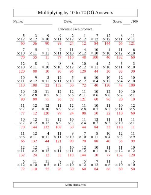 The Multiplying (1 to 12) by 10 to 12 (100 Questions) (O) Math Worksheet Page 2