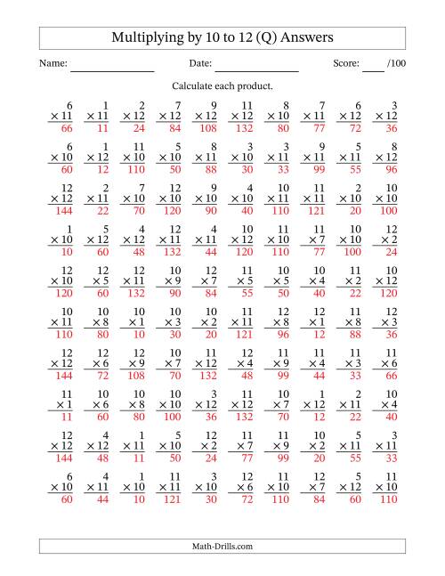 The Multiplying (1 to 12) by 10 to 12 (100 Questions) (Q) Math Worksheet Page 2