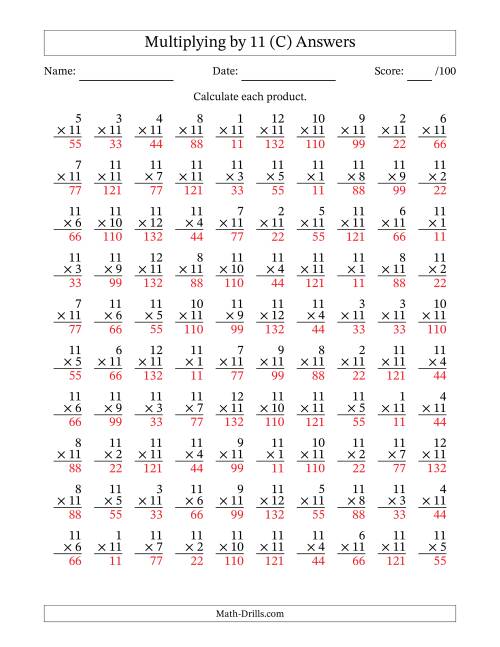 The Multiplying (1 to 12) by 11 (100 Questions) (C) Math Worksheet Page 2
