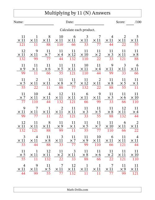 The Multiplying (1 to 12) by 11 (100 Questions) (N) Math Worksheet Page 2