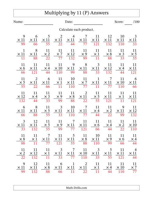 The Multiplying (1 to 12) by 11 (100 Questions) (P) Math Worksheet Page 2