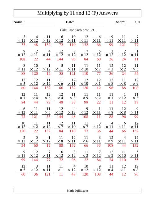 The Multiplying (1 to 12) by 11 and 12 (100 Questions) (F) Math Worksheet Page 2