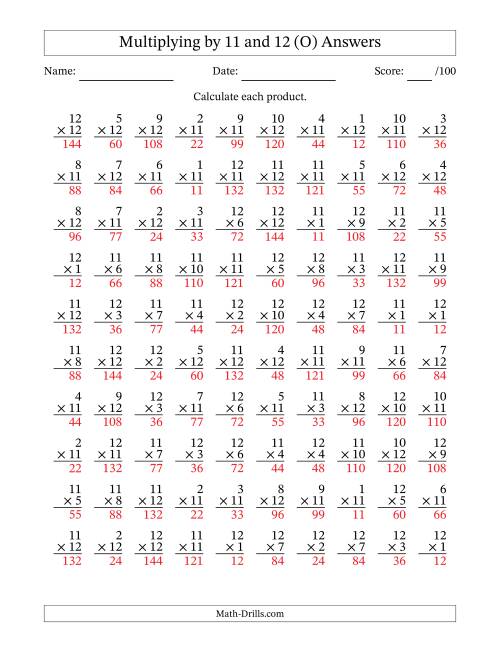 The Multiplying (1 to 12) by 11 and 12 (100 Questions) (O) Math Worksheet Page 2