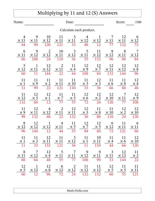 The Multiplying (1 to 12) by 11 and 12 (100 Questions) (S) Math Worksheet Page 2