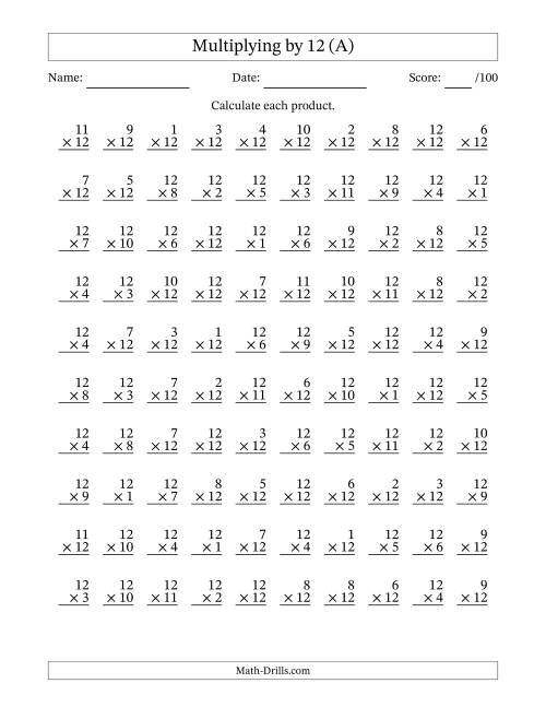 Multiplying 1 To 12 By 12 100 Questions A 