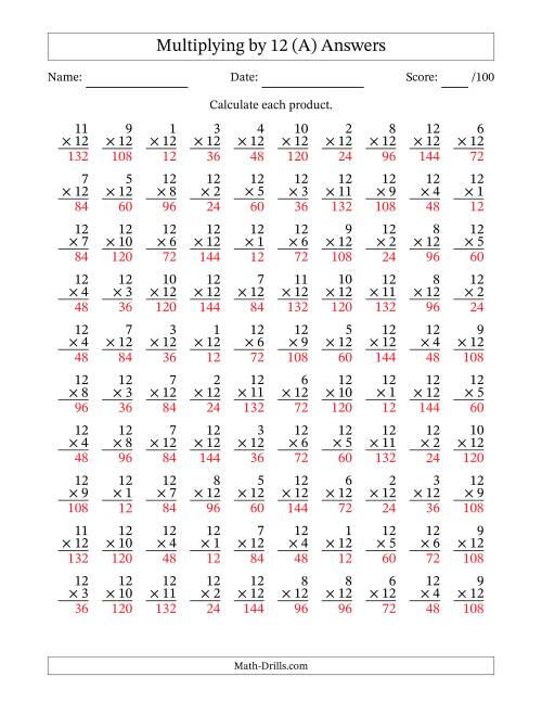 Multiplying 1 To 12 By 12 100 Questions A 