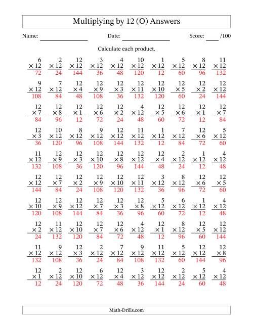 The Multiplying (1 to 12) by 12 (100 Questions) (O) Math Worksheet Page 2