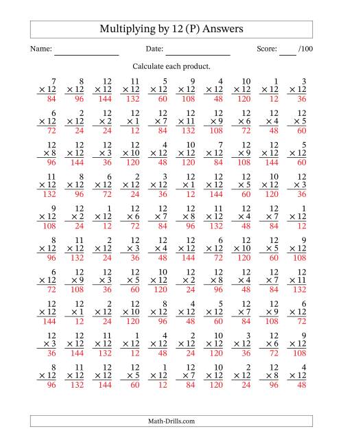 The Multiplying (1 to 12) by 12 (100 Questions) (P) Math Worksheet Page 2