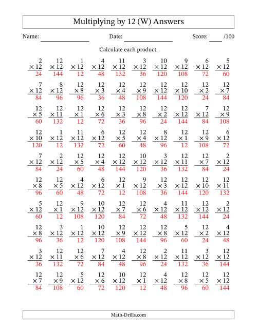 The Multiplying (1 to 12) by 12 (100 Questions) (W) Math Worksheet Page 2