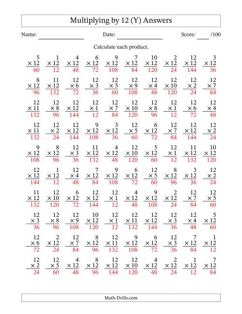 100 vertical questions multiplication facts 12 by 1