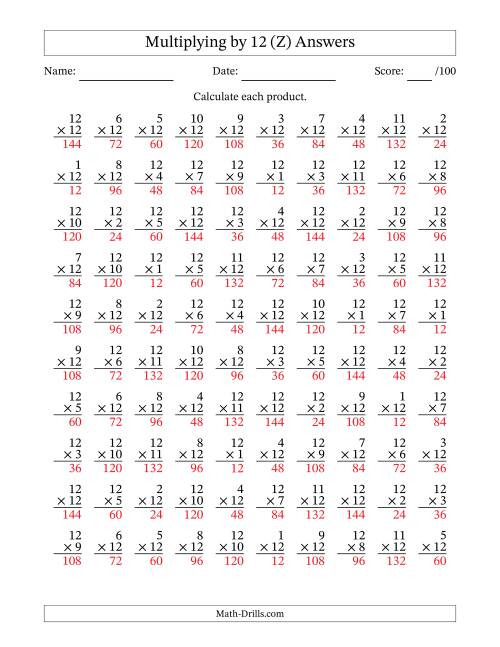 The Multiplying (1 to 12) by 12 (100 Questions) (Z) Math Worksheet Page 2