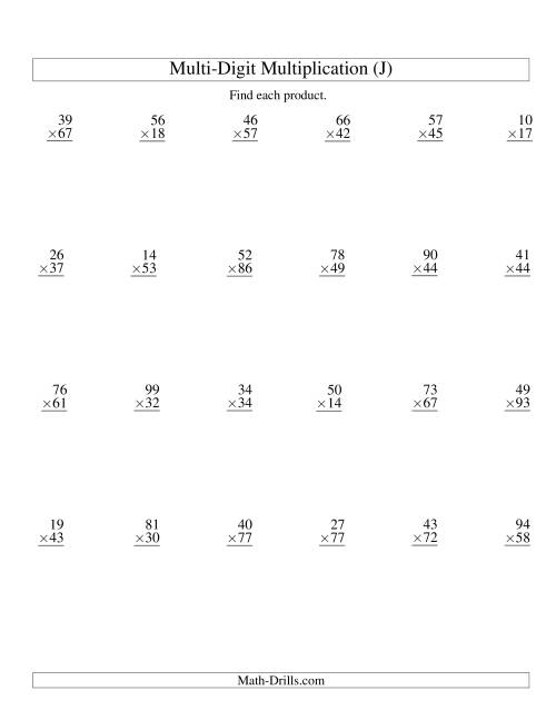 Multiplying Two-Digit by Two-Digit -- 24 per page (J)