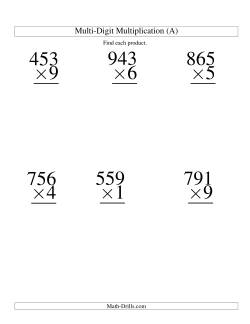 Multiplying Three-Digit by One-Digit -- 6 per page