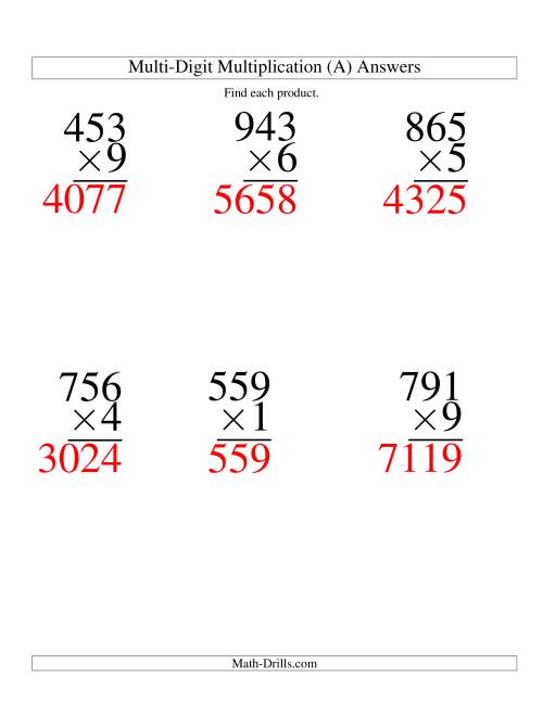 The Multiplying Three-Digit by One-Digit -- 6 per page (A) Math Worksheet Page 2