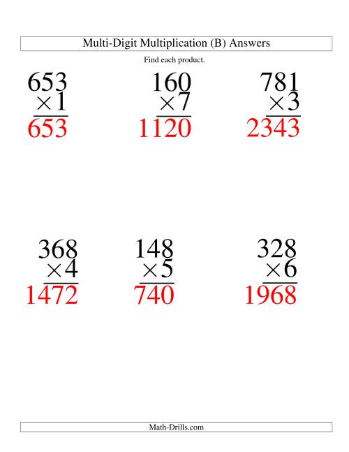 The Multiplying Three-Digit by One-Digit -- 6 per page (B) Math Worksheet Page 2