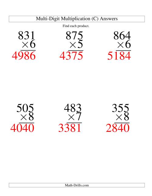 The Multiplying Three-Digit by One-Digit -- 6 per page (C) Math Worksheet Page 2