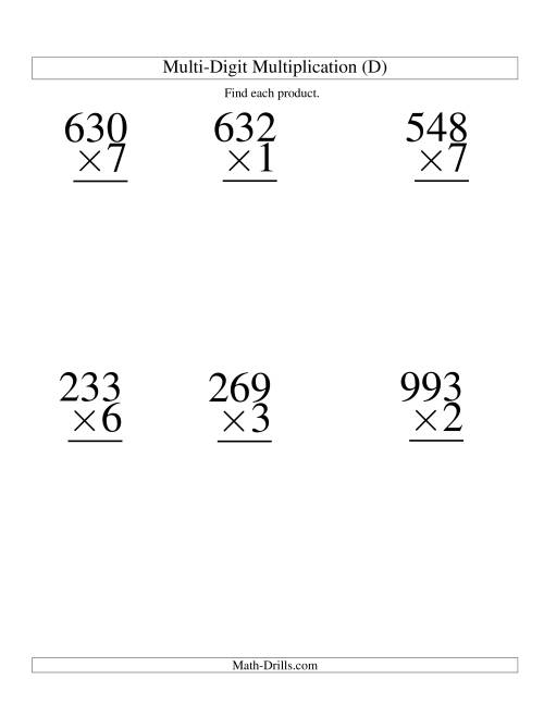 The Multiplying Three-Digit by One-Digit -- 6 per page (D) Math Worksheet