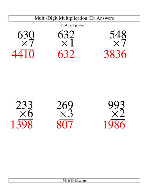 The Multiplying Three-Digit by One-Digit -- 6 per page (D) Math Worksheet Page 2