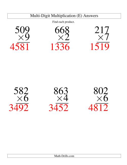 The Multiplying Three-Digit by One-Digit -- 6 per page (E) Math Worksheet Page 2