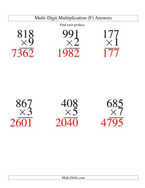 The Multiplying Three-Digit by One-Digit -- 6 per page (F) Math Worksheet Page 2